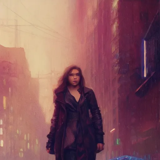 Prompt: florence pugh, hyperrealistic portrait, bladerunner street, art of elysium by jeremy mann and alphonse mucha, fantasy art, photo realistic, dynamic lighting, artstation, poster, volumetric lighting, very detailed face, 4 k, award winning