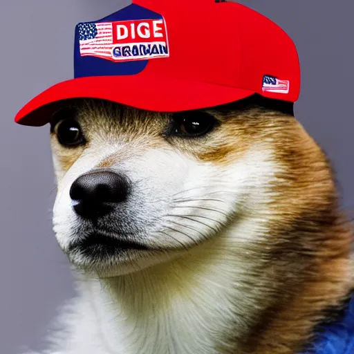 Image similar to doge wearing a make america great again cap, realistic, 8 k,