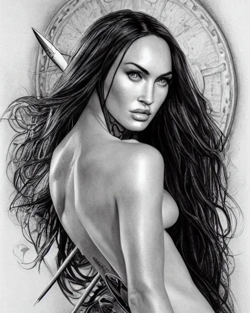 Image similar to pencil drawing of beautiful megan fox as greek goddess aphrodite, archer warrior, sagittarius tattoo, beautiful piercing eyes, flowing blonde hair, realistic face, hyper realistic, in the style of greg rutkowski, fantasy, amazing detail, epic, intricate, elegant, smooth, sharp focus