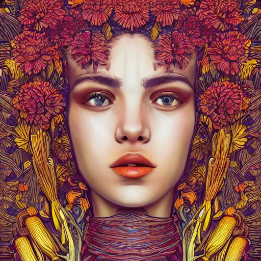 Prompt: the head of a beautiful woman partially made of bananas and chrysanthemums looking up, an ultrafine detailed illustration by james jean, final fantasy, intricate linework, bright colors, behance contest winner, vanitas, angular, altermodern, unreal engine 5 highly rendered, global illumination, radiant light, detailed and intricate environment