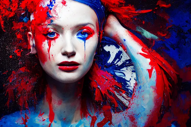 Prompt: a highly detailed cinematic headshot portrait photograph of a woman with a liquid paint headdress, with red and blue paint splash, liquid, ultra realistic, beautiful rim lighting, by jeremy mann and ilya kuvshinov, jamie hewlett and ayami kojima, photorealistic, hyperrealistic, octane, hasselblad camera, zeiss lens, sharp focus, paint splash