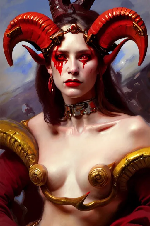 Image similar to painted close - up portrait of a attractive red - skinned intimidating demon cyborg girl with ram horns! oil painting, wearing a noblewoman's outfit, fantasy art by john singer sargent and gaston bussiere and james jean and greg rutkowski, demon noble character design, hd