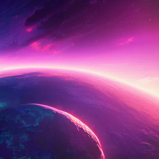 Image similar to earth in space synthwave detailed sharp focus synthwave art aesthetic octane render raw cinematic trending on artstation, highly detailed, matte painting