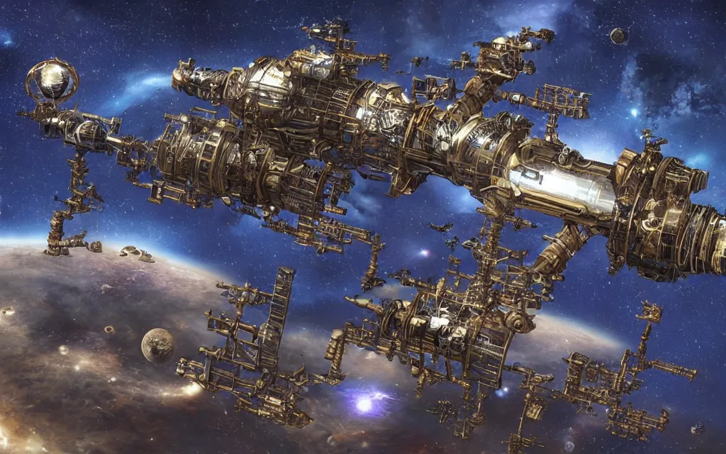 Image similar to steampunk space station in a beautiful galaxy