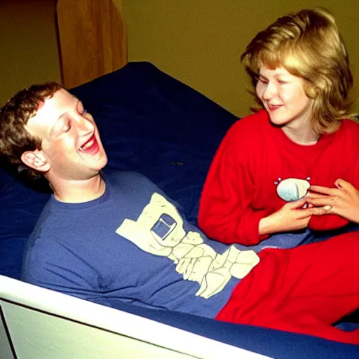 Image similar to mark zuckerberg in a red pajama onesie getting tucked into a racecar bed by his mom circa 1 9 9 3