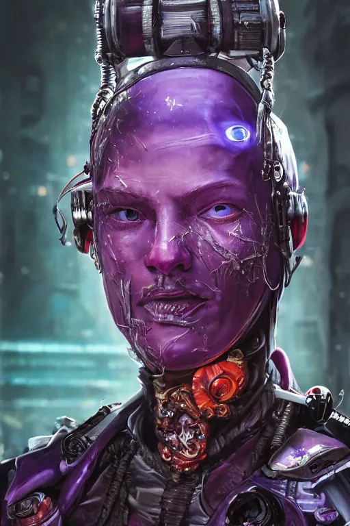 Image similar to A highly detailed rendered, close portrait of a damaged cyberpunk mutant ringer, being patched up in a run down, with purple spandex high tech suit, with fighting equipement attached to the body, rugged face, muscle body with battle scars, soft red neon lighting, sci-fi, fantasy, intricate, elegant, highly detailed, digital painting, artstation, concept art, smooth, sharp focus, illustration, dramatic lighting, art by jean giraud, antje feuchtenberger