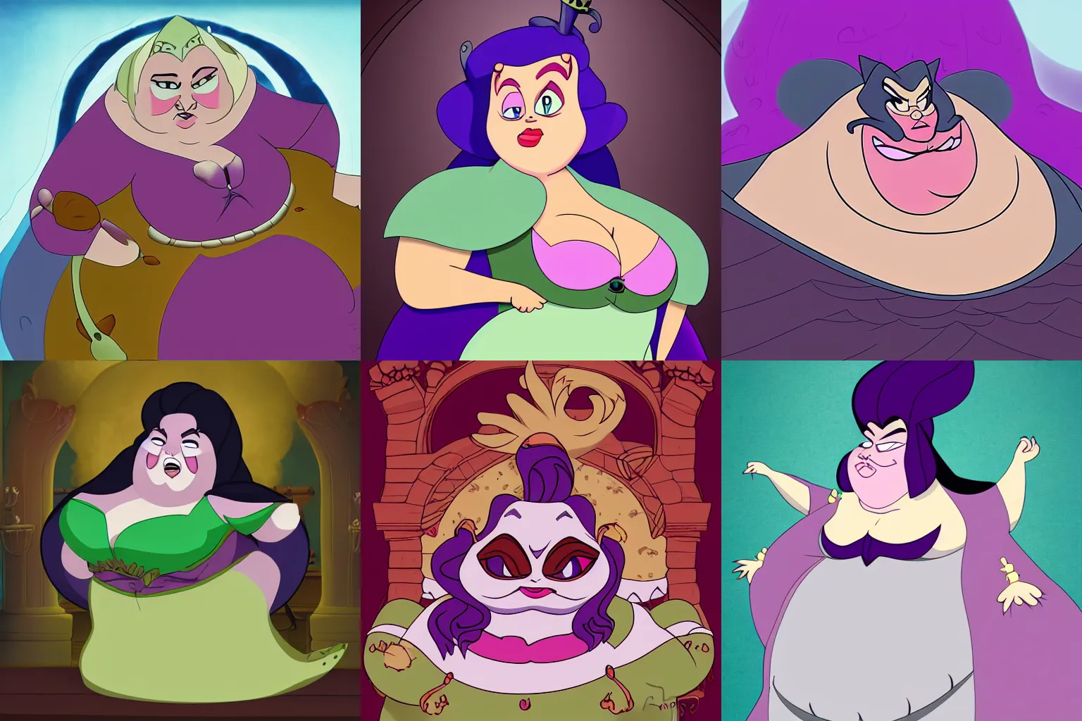 Prompt: the daughter of ursula and misses puff, fat, villan style, 2 d, animation, detailed