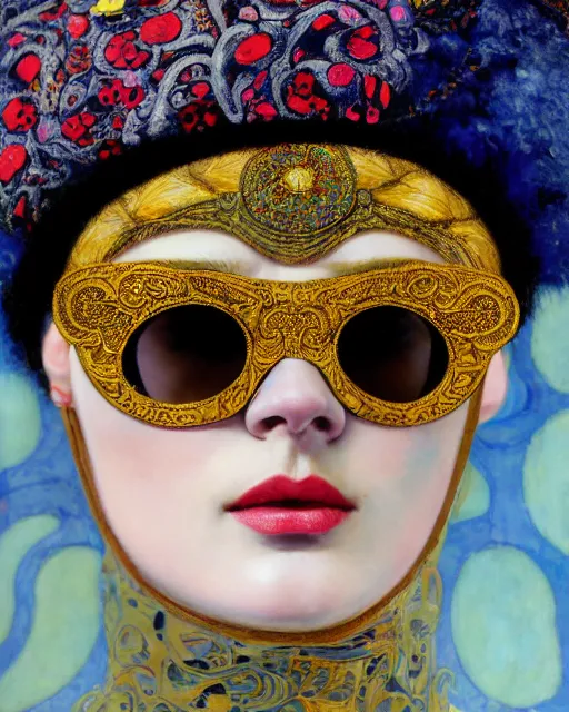 Prompt: a close up of beautiful model wearing a balaclava and sunglasses surrounded by colourful intricate patterns, by gustave klimt and edgar maxence and caravaggio and michael whelan, intricate painting, hyper realistic, extremely detailed and beautiful aesthetic face, 8 k resolution