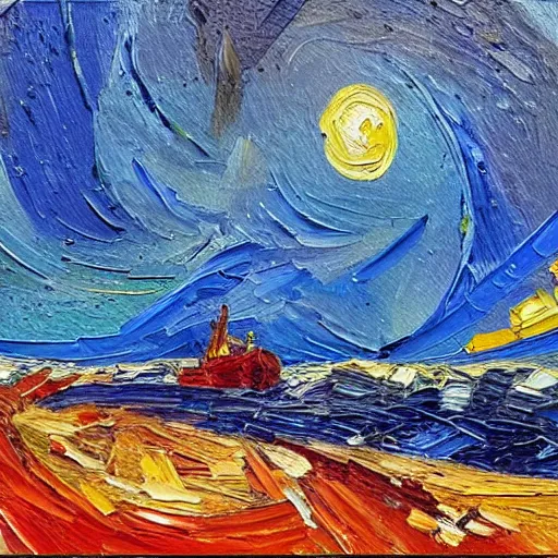 Image similar to oil painting of a fpso in the style of van gogh, natural background, trending on artstation, rough seas