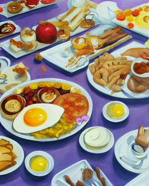 Image similar to a painting of a table full of breakfast foods, concept art by taro yamamoto, pixiv contest winner, auto - destructive art, official art, concept art, pixiv