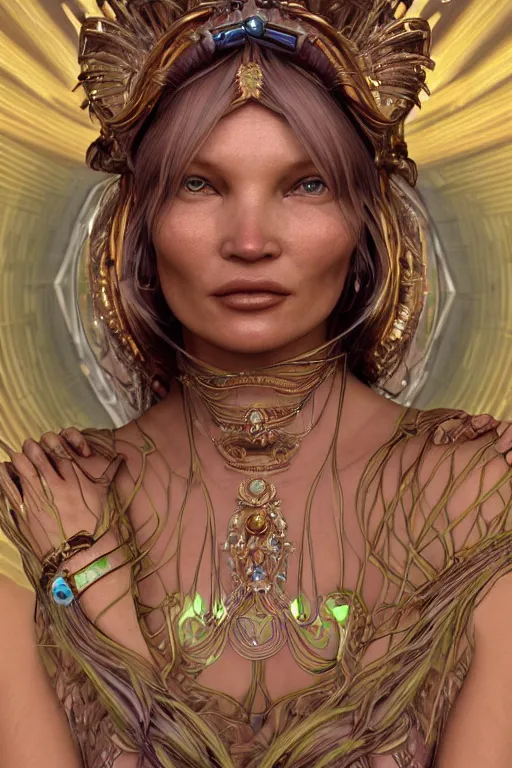 Image similar to a realistic photo of a beautiful ancient alien woman goddess kate moss in jewelery and fractals in style of alphonse mucha art nuvo trending on artstation made in unreal engine 4