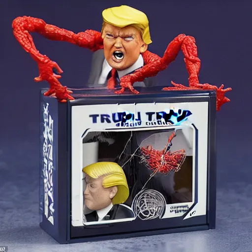 Prompt: action figure of Trump as Venom and shoots web from hair by Hasbro