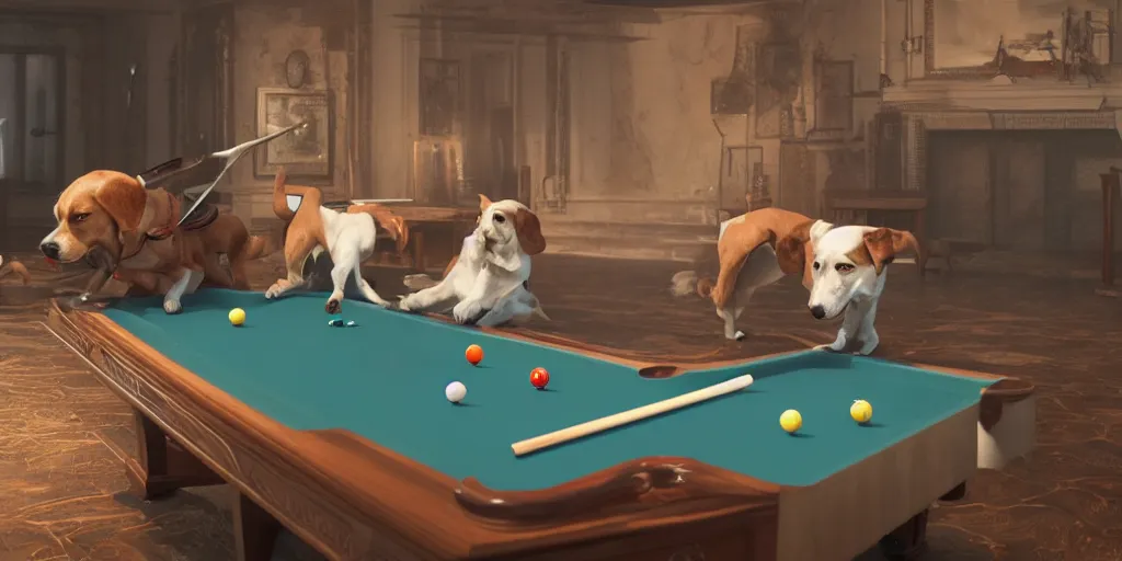 Prompt: dogs playing billiards, cinematic lighting, detailed oil painting, unreal 5 render, 8k