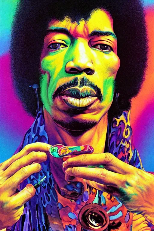 Prompt: a colorful vibrant closeup portrait of Jimi Hendrix licking a tab of LSD acid on his tongue and dreaming psychedelic hallucinations, by kawase hasui, moebius, Edward Hopper and James Gilleard, Zdzislaw Beksinski, Steven Outram colorful flat surreal design, hd, 8k, artstation