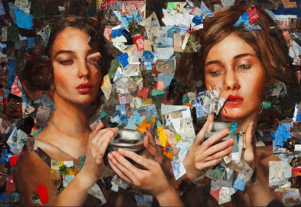 Image similar to oil painting, with an ashtray on top, collage, paper, girl faces, ultra detailed, high resolution, cinematic, unreal 6