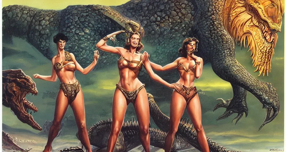 Image similar to A beautiful woman, conan style, standing next to a large alien lion-like crocodile creature, by Boris Vallejo.