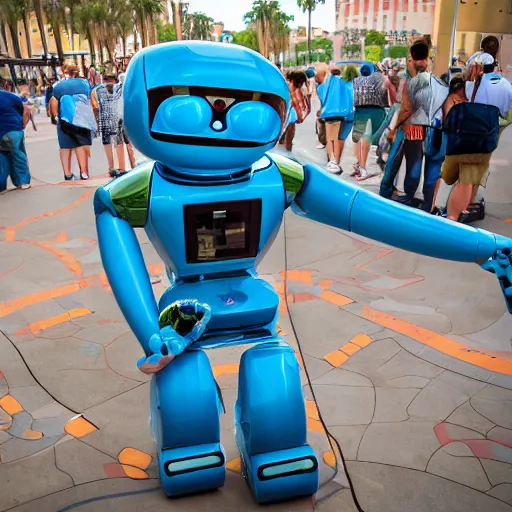 Prompt: LAS VEGAS, NV JUNE 7 2024: One of the most helpful happy self-aware robots to emerge from the future-technologies-portal.