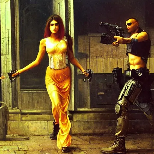 Image similar to Maria evades sgt rhodes. Cyberpunk hacker escaping Menacing Cyberpunk police trooper wearing a combat vest. (dystopian, police state, Cyberpunk 2077, bladerunner 2049). Iranian orientalist portrait by john william waterhouse and Edwin Longsden Long and Theodore Ralli and Nasreddine Dinet, oil on canvas. Cinematic, vivid colors, hyper realism, realistic proportions, dramatic lighting, high detail 4k