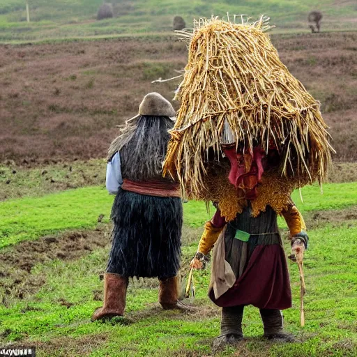 Image similar to dwarves in traditional clothes in mushroom fields put up a scarecrow from bats