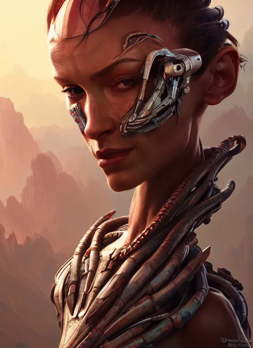 Image similar to asymmetrical!! portrait of an alien with large tubes in face in the style of, machine face, intricate, elegant, highly detailed, digital painting, artstation, concept art, smooth, sharp focus, illustration, art by artgerm and greg rutkowski and alphonse mucha, horizon zero dawn 8 k