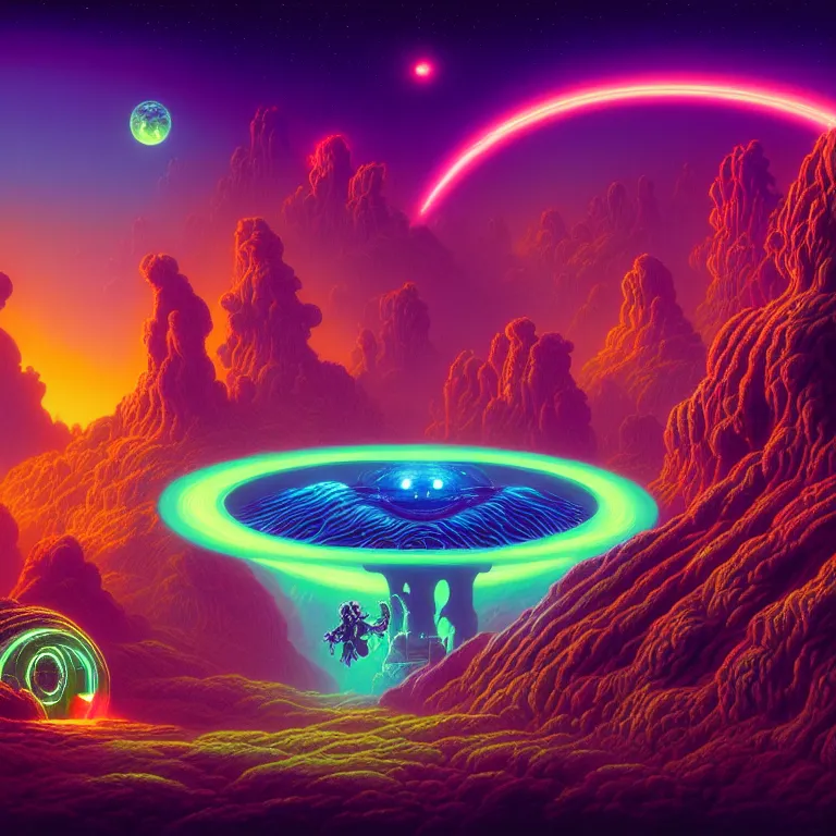 Image similar to mysterious creatures, infinite quantum portal, synthwave, bright neon colors, highly detailed, cinematic, panoramic, tim white, michael whelan, roger dean, bob eggleton, lisa frank, vladimir kush, kubrick, kimura, isono