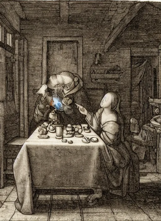 Image similar to a candlelit table at the inn, evening, dark room, two young people sitting at the table, swirling smoke, dark smoke, realistic, in the style of leonardo da vinci, dutch golden age, amsterdam, medieval painting by jan van eyck, johannes vermeer, florence