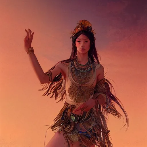 Prompt: a goddess dancing in the desert, glowing eyes, fantasy, intricate, realism, highly detailed, digital painting, artstation, concept art, smooth and sharp focus, illustration, art by tan zi and ayanamikodon and alphonse mucha and wlop