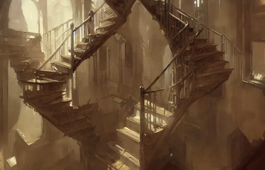 Image similar to greg manchess concept art of a the escher stairs dimension, key visual, ambient lighting, highly detailed, digital painting, artstation, concept art, sharp focus, by makoto shinkai and akihiko yoshida and hidari and wlop and greg rutkowski