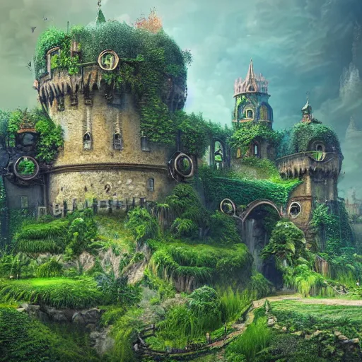 Image similar to a hyperrealistic digital matte painting of a verdant fantasy countryside, very far royal steampunk castle, highly detailed, trending on artstation