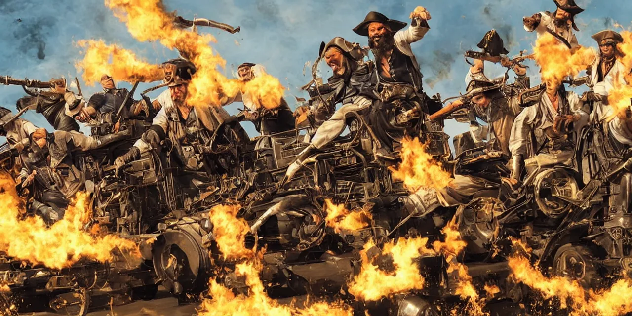 Prompt: pirates riding on tractors with many cannons in the style of quentin tarantino, racing track, muzzle flash, flames, high speed chase