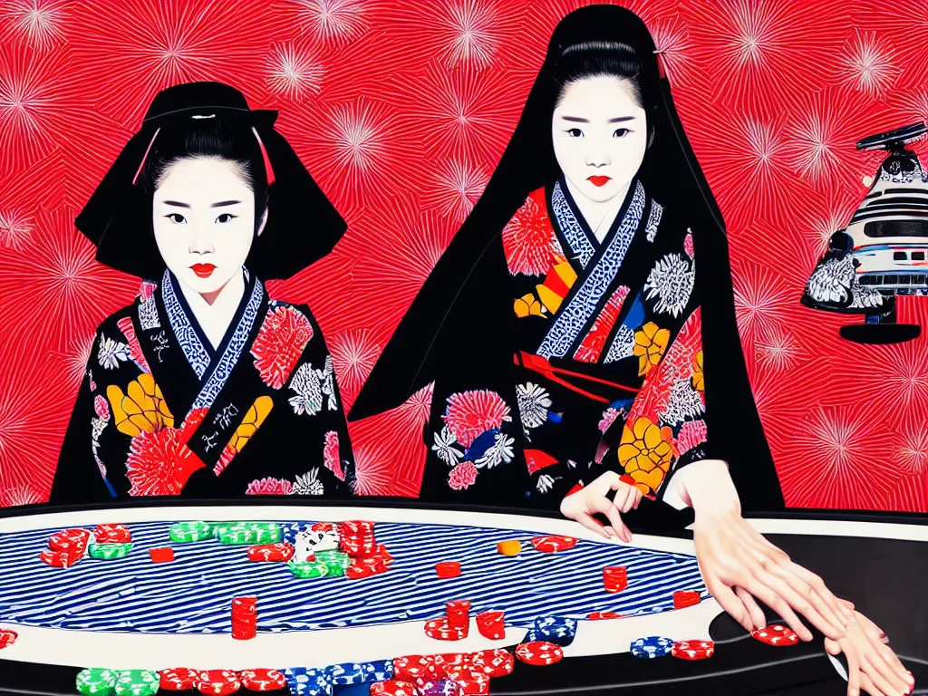 Image similar to hyperrealistic composition of the detailed woman in a japanese kimono sitting at a extremely detailed poker table with detailed darth vader, fireworks, mount fuji on the background, pop - art style, jacky tsai style, andy warhol style, acrylic on canvas