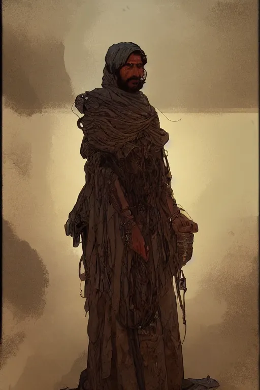 Image similar to a full body portrait of a beautiful post apocalyptic offworld desert bedouin blind beggar by the well, intricate, elegant, highly detailed, digital painting, artstation, concept art, smooth, sharp focus, illustration, art by krenz cushart and artem demura and alphonse mucha