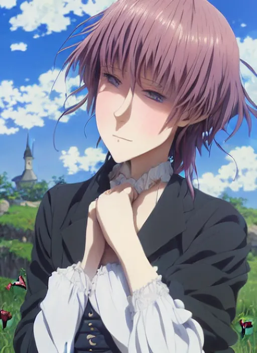 Prompt: Painting of a cottagecore witch with side-shaved strawberry hair in the style of Violet Evergarden, beautiful anime art style, winged eyelashes, countryside, calm, fantasy character portrait, dark outlines, dynamic pose, above view, sunny day, artwork by Makoto Shinkai, very coherent asymmetrical artwork, sharp edges, perfect face, simple form, 100mm