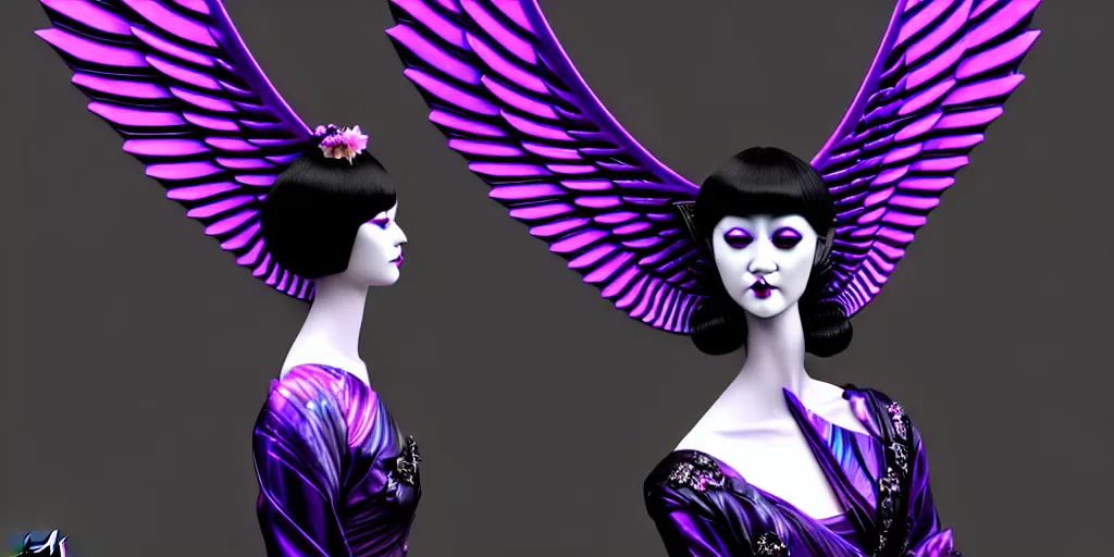 Prompt: a beautiful purple and black 3 d geometrically printed mannequin with angel wings!! in the style of a geisha demon, chrome roses!! dripping black iridescent liquid, winged victory, moody, dramatic, introspective, 4 k, trending on artstation, photorealistic, volumetric lighting, octane render, tarot card with ornate border frame h - 1 0 2 4