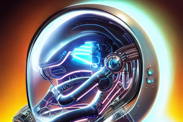 Prompt: portrait of a biomechanical head inside a futuristic space helmet, organic transistors, neon cables, tron highlights, white metal, iridescent visor, smooth, sharp focus, high detail, art by Artgerm and Raymond Swanland,