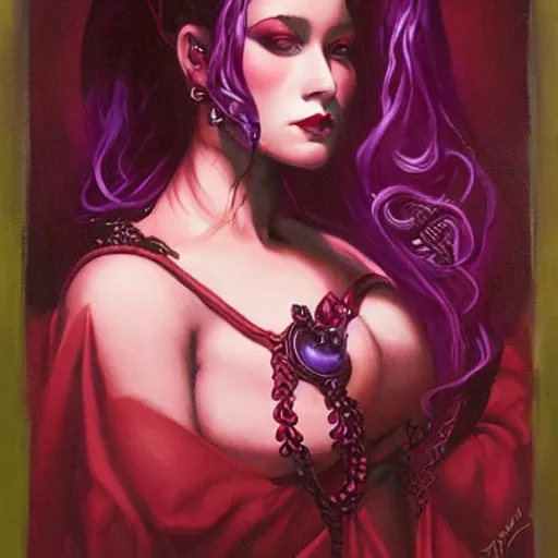 Image similar to portrait of princess of the dreamlands and moon beast, beautiful! coherent! by brom, deep colors, red maroon purple pink black, strong lines, rule of thirds