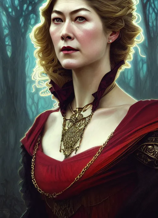 Prompt: portrait of rosamund pike as a vampire lord, jewelry, greek, ruby, intricate, headshot, highly detailed, digital painting, artstation, concept art, sharp focus, cinematic lighting, illustration, art by artgerm and greg rutkowski, alphonse mucha, cgsociety