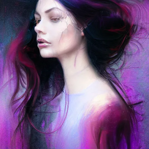 Prompt: masterpiece dynamic portrait of an aesthetic beautiful realistic black haired woman, purple strands, 3 0 years old woman, mid long hair, black eyed, by joachim bergauer and wlop, artstation, deviantart, large view, motion blur, high aperture, pouring acrylic chaotic background, detailed, intricate, 8 k