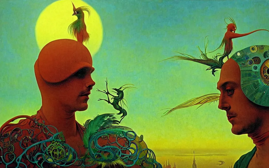 Image similar to realistic detailed portrait movie shot of a birdman wearing green robes, futuristic city sunset landscape background by denis villeneuve, yves tanguy, alphonse mucha, ernst haeckel, max ernst, roger dean, masterpiece, rich moody colours, feathers, ethereal, occult, blue eyes