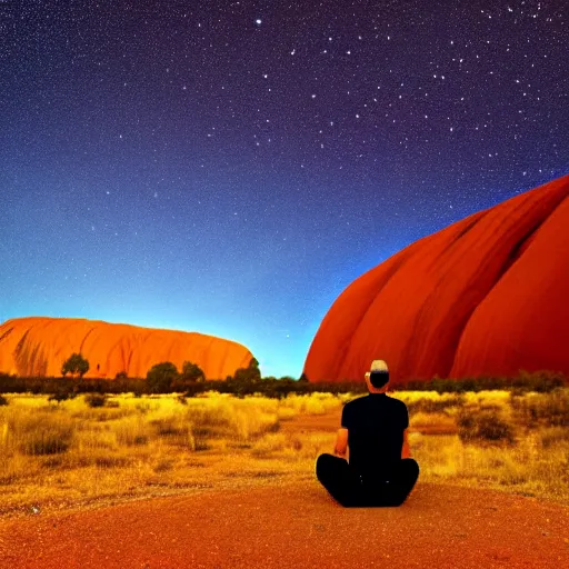 Image similar to man sitting at uluru, medicine drum, night sky, small fire, cosmic sky