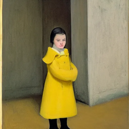 Image similar to a painting of a distant little girl with short black hair and wearing a yellow coat alone in the inner courtyard of an abbey by hopper and de chirico