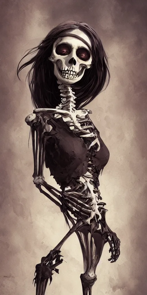 Image similar to very cute and beautiful smiling skeleton girl, pin up, fantasy art, gothic, highly detailed, digital painting, illustration, art by greg rutkowski