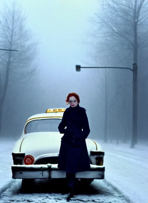 Image similar to emma stone getting out of taxi in winter, faded color film, russian cinema, tarkovsky, kodachrome, old clothing, heavy fog, 4 k, dramatic lighting, greg rutkowski