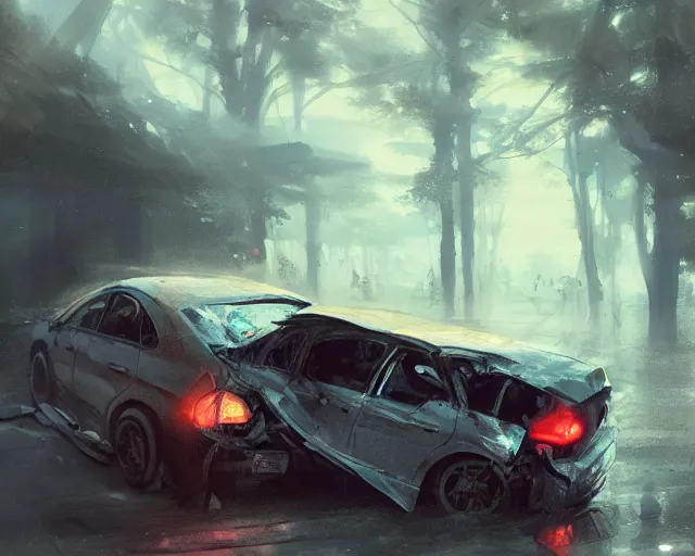 Image similar to a messy car accident, anime art, Greg Rutkowski, studio ghibli, dramatic lighting