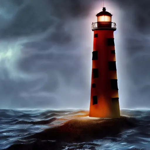 Image similar to beautiful digital painting about a scary light house glowing in the dark of a stormy night, trending on artstation, gloomy, moody, highly detailed