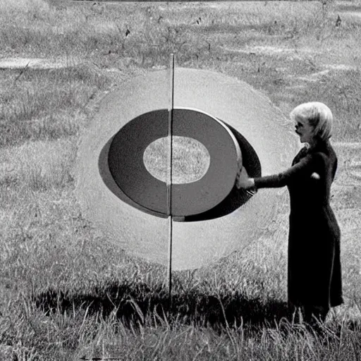 Prompt: A land art. A rip in spacetime. Did this device in her hand open a portal to another dimension or reality?! Things Stranger by Margaret Modlin, by Walt Kelly mild, ✨