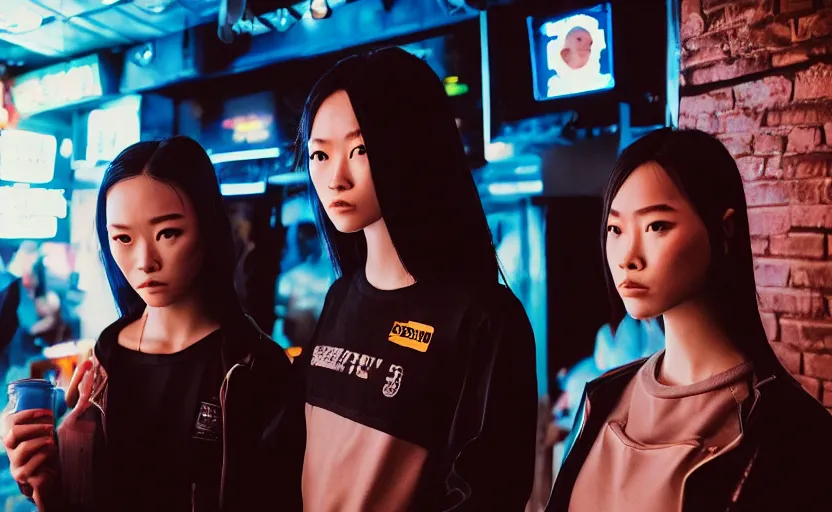 Image similar to cinestill 5 0 d photographic portrait of two female androids wearing streetwear talk at a bar in cyberpunk china, extreme closeup, modern cyberpunk, dust storm, 8 k, hd, high resolution, 3 5 mm, f / 3 2, ultra realistic faces, intricate detail, ex machina