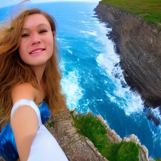 Image similar to Selfie!!!!! of a woman with gorgeous hair flowing in the wind, on a cliff!!!!!, first-person view, fisheye!!!!! lens!!!!!, photorealistic image, trending on artstation, 4k, 8k