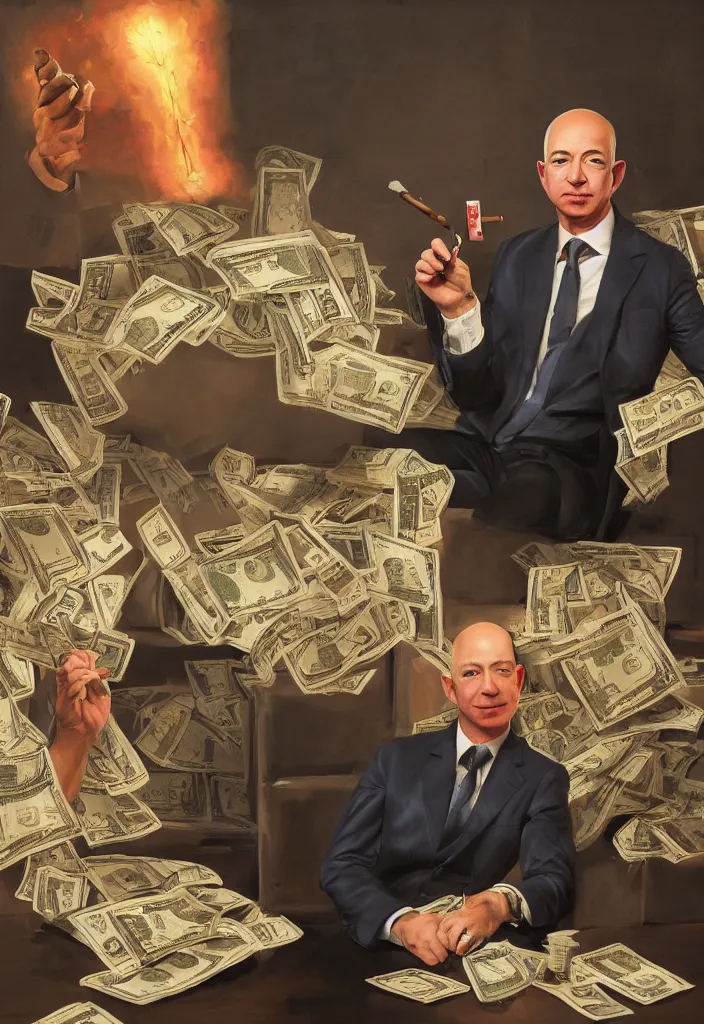 Prompt: a painting of a portrait of jeff bezos lighting a big cigar, dollar bills as back ground, by dave rapoza and kekai kotaki, 4 k, 1 6 k, trending on art station, octane render, high quality