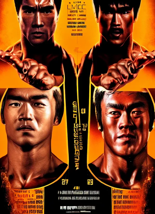 Image similar to Film poster Arnold Schwarzenegger VS Bruce lee , faces look at each other, detailed and realistic, 4k, filmic render